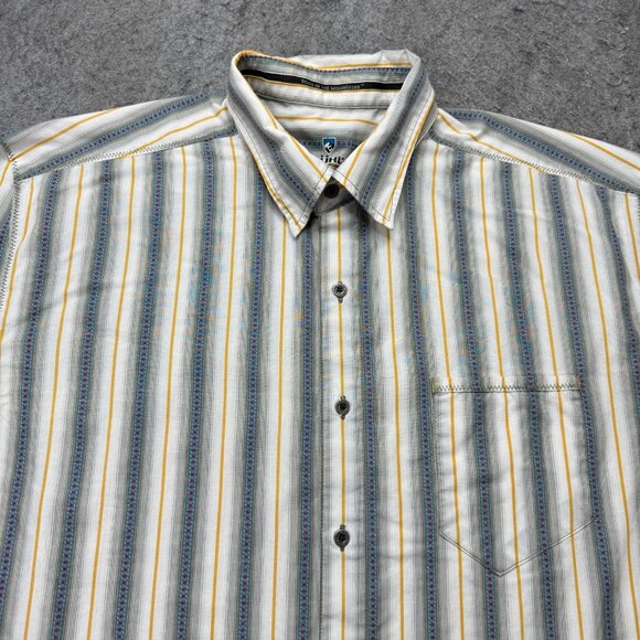 Kuhl Shirt Men 2XL White Gray Blue Yellow Striped Short Sleeve Button Up - Picture 1 of 14